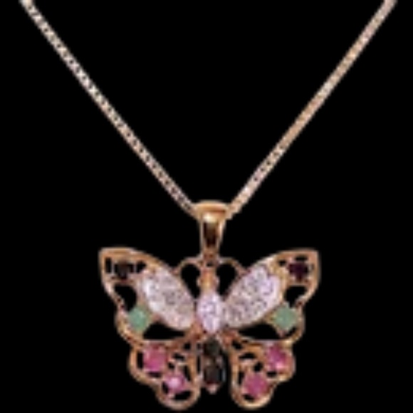 Sterling Silver Vermeil Pendant - Butterfly with .22CT TW Diamonds Emeralds - Picture 2 of 2
